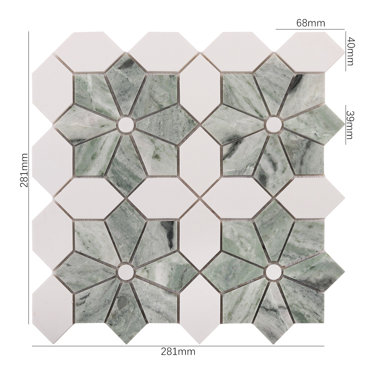 Size view of obverse side of Ming green and white floral marble mosaic tiles.