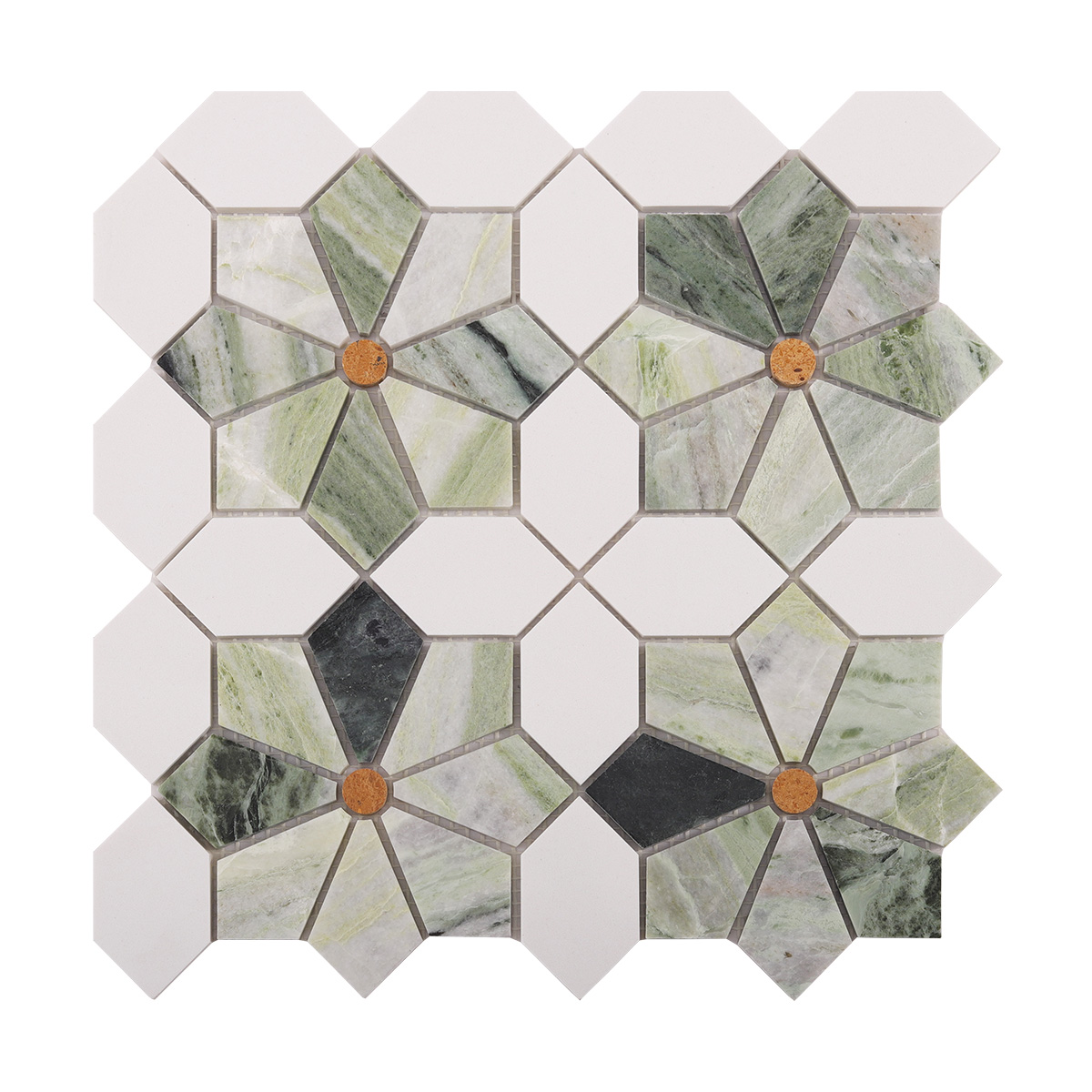 Obverse side of white & green flower polished marble mosaic tiles