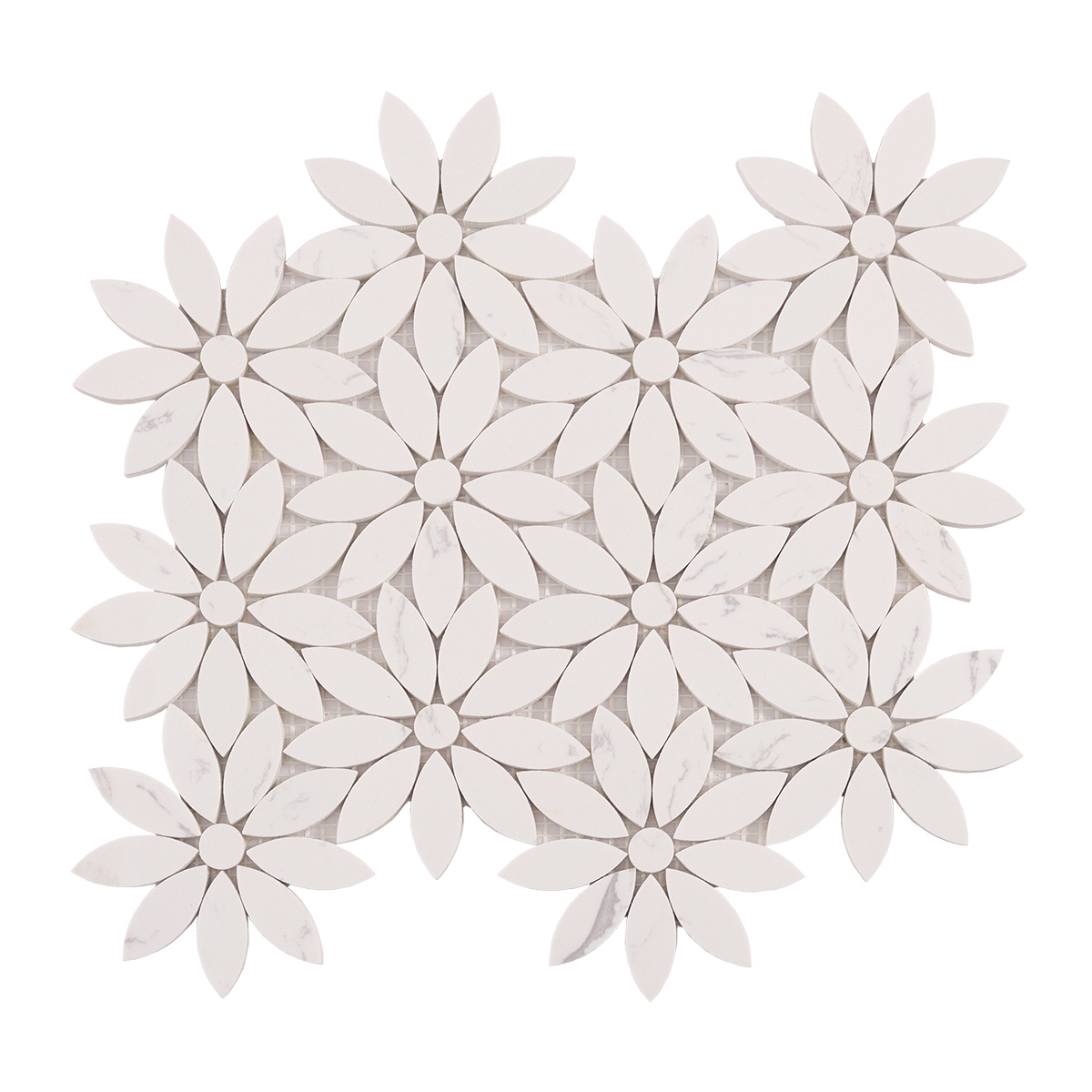 Obverse side of white daisy waterjet marble mosaic tiles