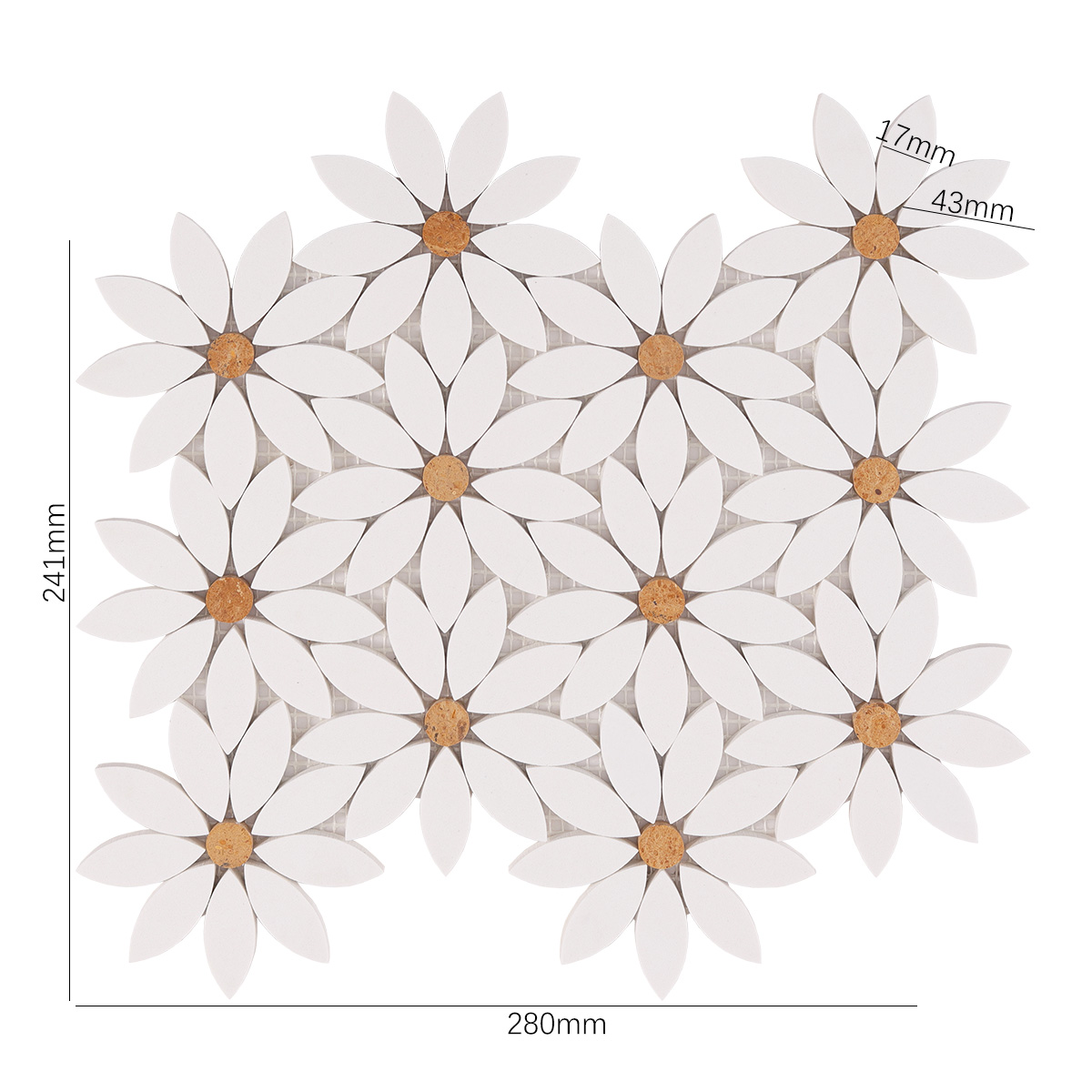 Obverse side of white waterjet sunflower marble mosaic tiles, showing size.