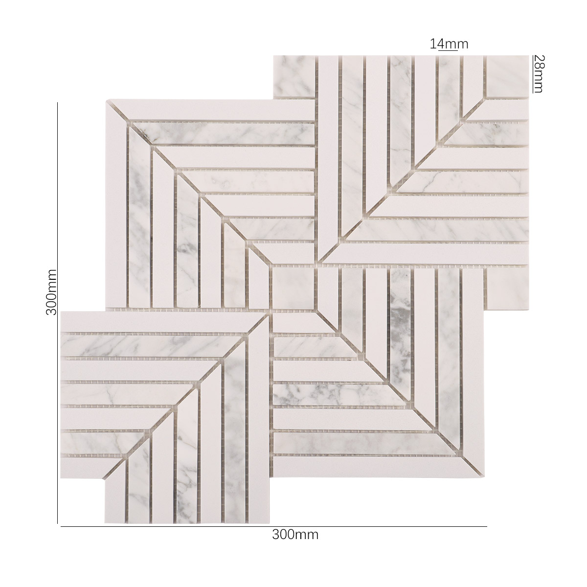 Size view of obverse side of white geometric marble mosaic tiles.