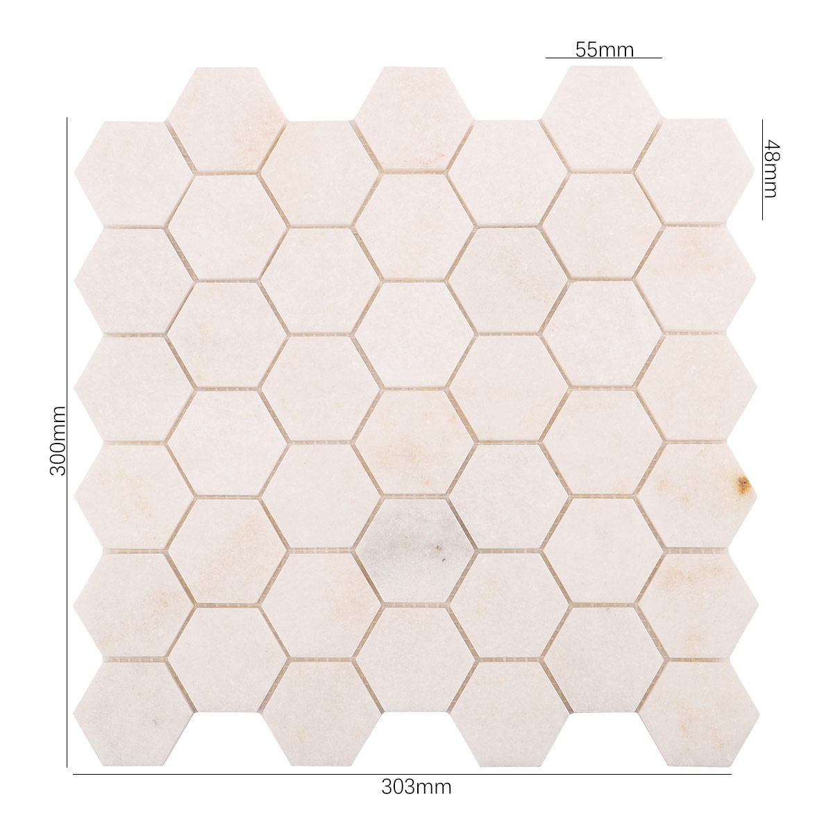 Obverse side of crystal white hexagon marble mosaic tiles, showing size
