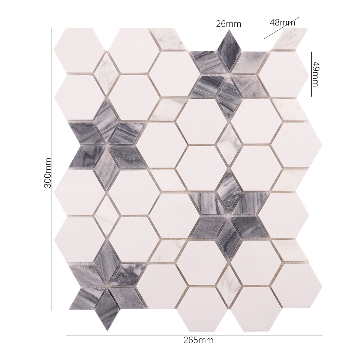 Size view of obverse side of white and grey flower marble mosaic tiles