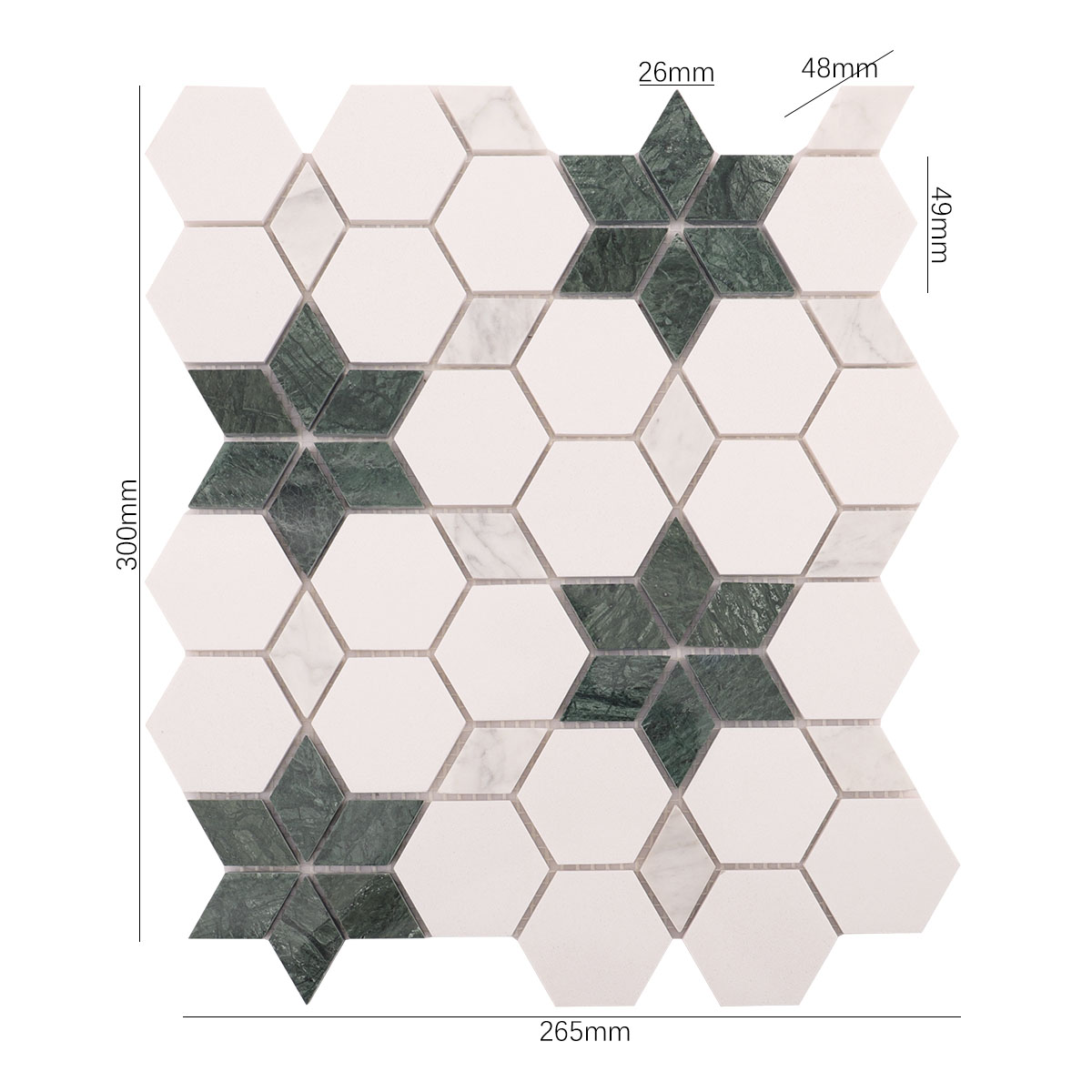 Size view of obverse side of green and white floral marble mosaic tiles