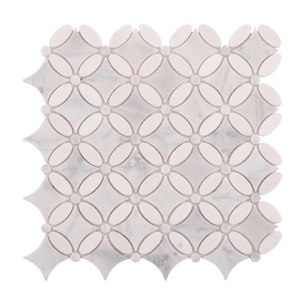 Obverse side of Carrara white flower marble mosaic tiles
