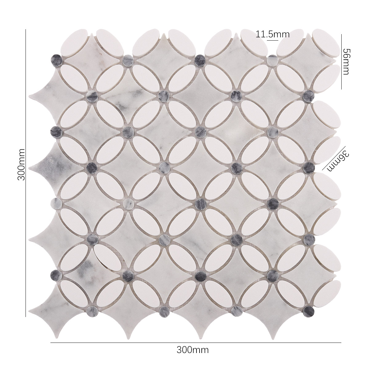 Size view of obverse side of thassos gray and white floral marble mosaic tiles