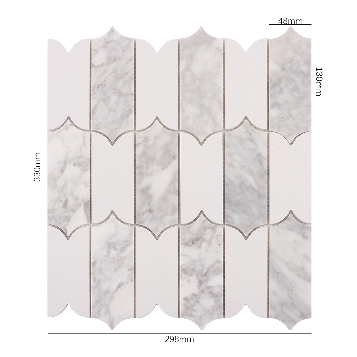 Obverse side of Carrara white natural stone mosaic tiles, showing size