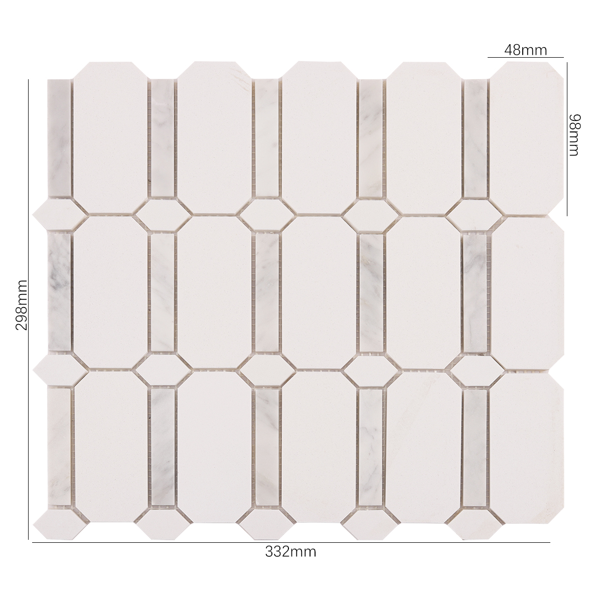 Obverse side of white octagon marble mosaic tiles, showing size