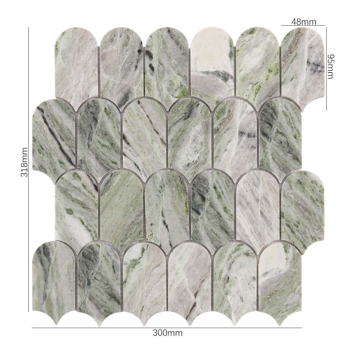Size view of obverse side of Envy Green long fish scale marble mosaic tiles