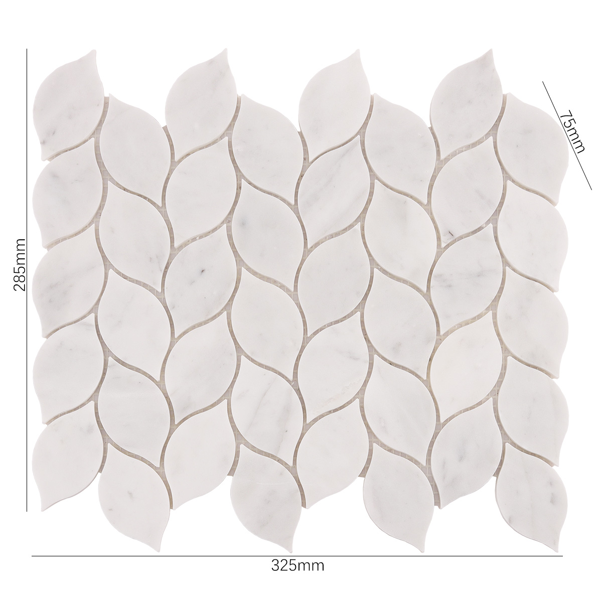 Obverse side of Carrara white leaf marble mosaic tiles, showing size