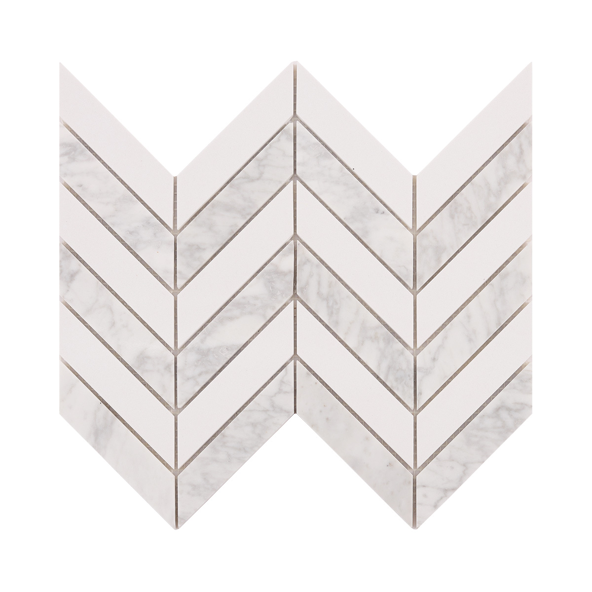 Front view of Herringbone Carrara White marble mosaic tiles