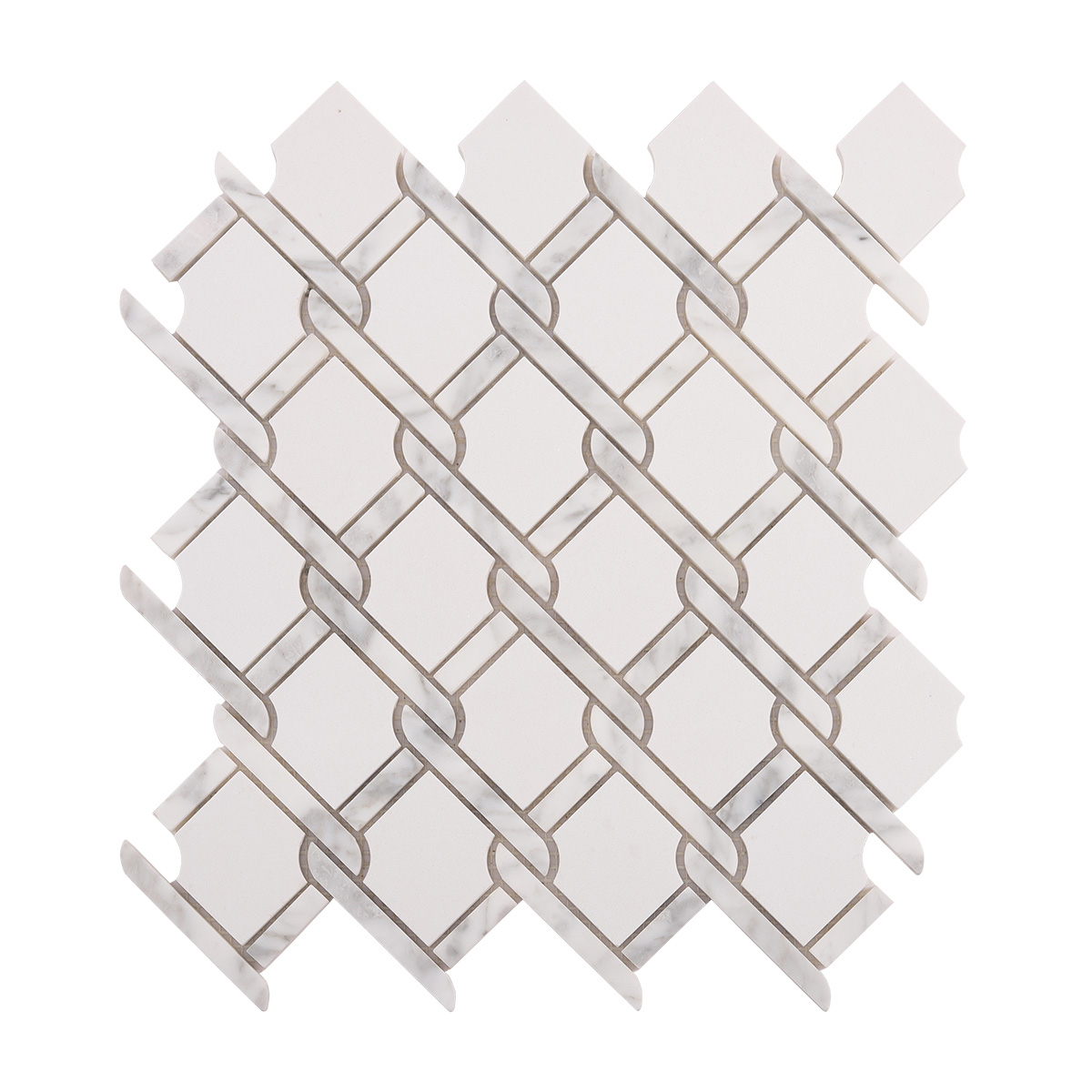 Obverse side of White Fog Chain Link stone mosaic tiles