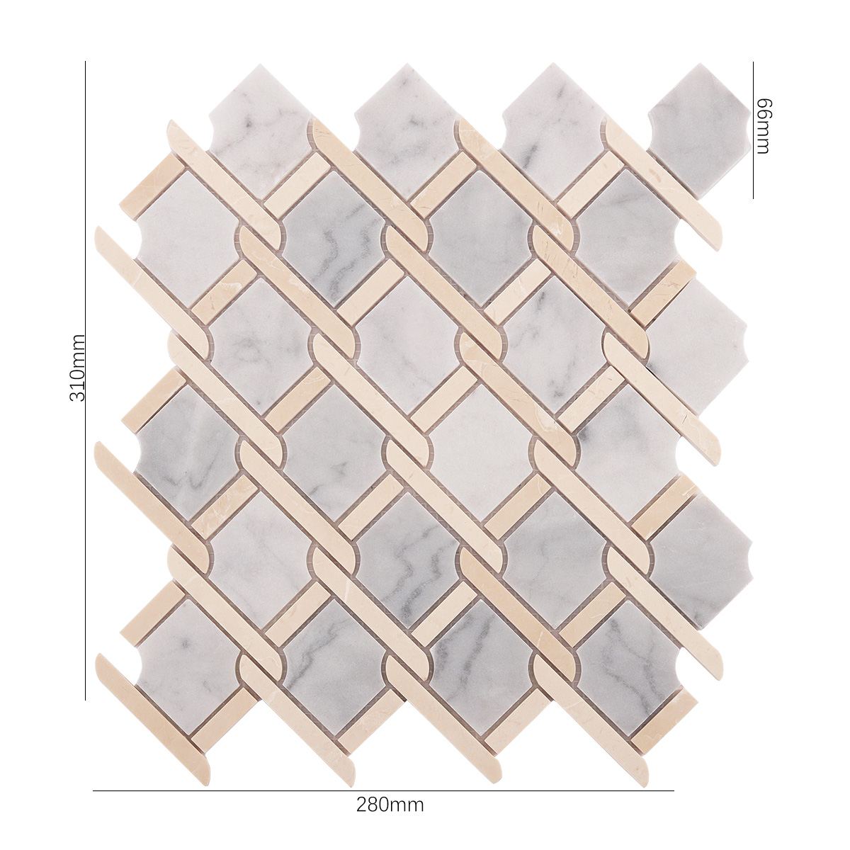 Size view of obverse side of Gray and Beige Princess Weave Rope marble mosaic tiles