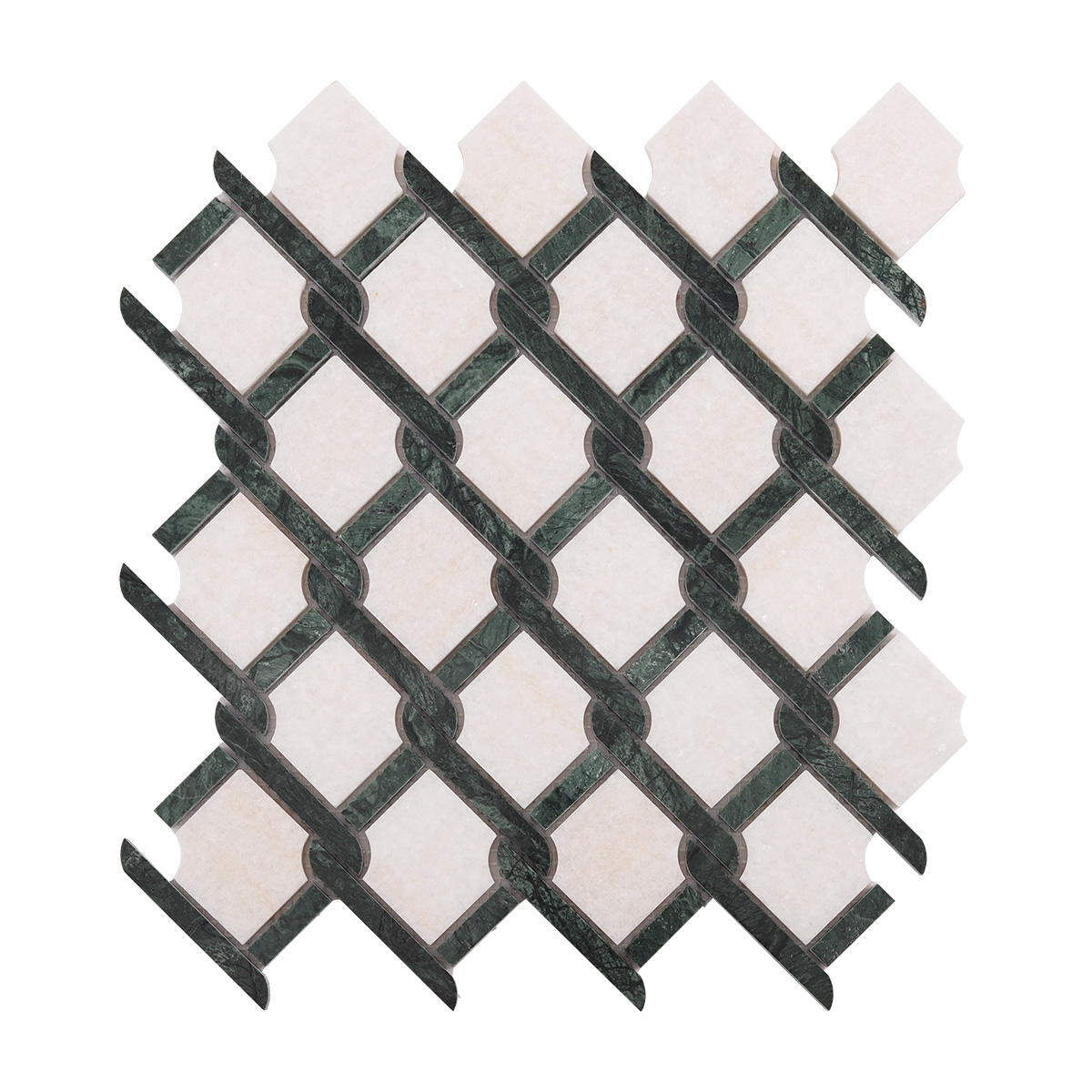 Obverse side of Thassos Green and White Princess Weave natural stone mosaic tiles