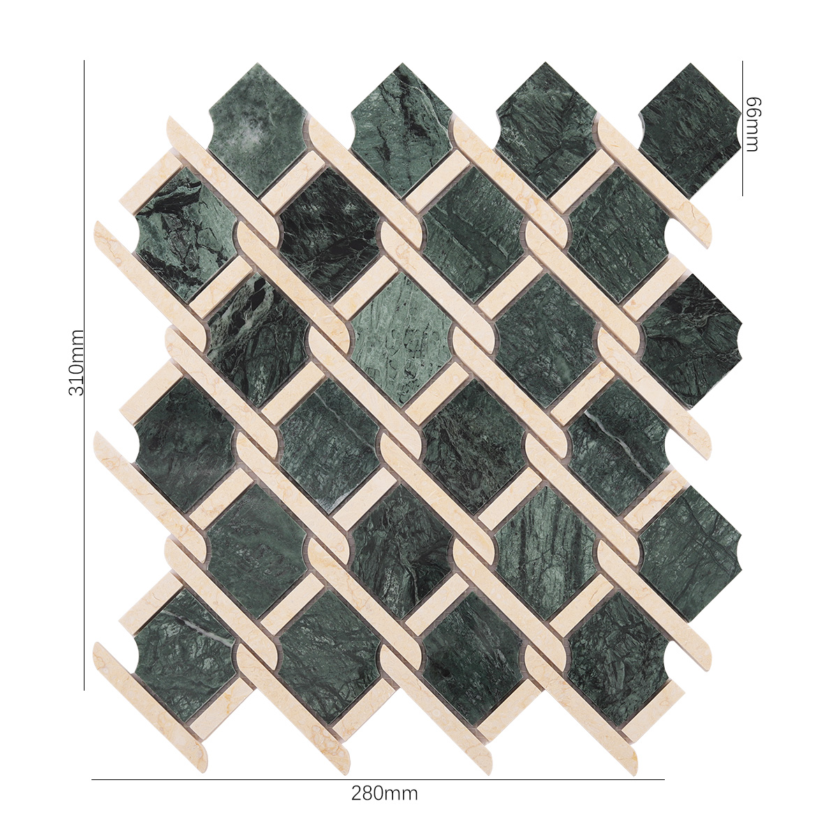 Obverse side of Rockart Medallion Green polished marble mosaic tiles, showing size.