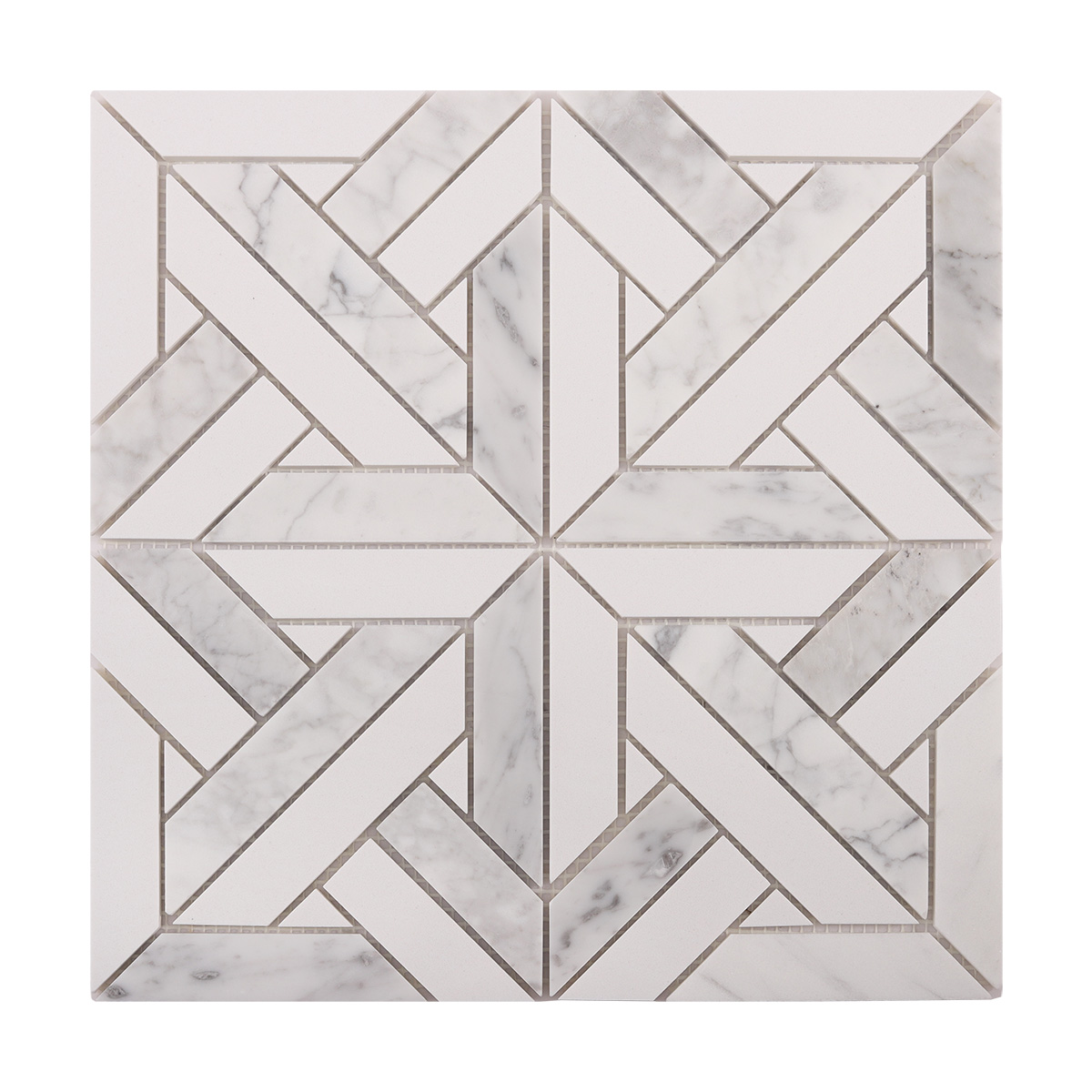 Front view of White Geometrica Thassos honed marble mosaic tiles