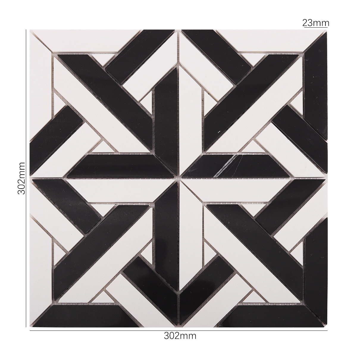 Obverse side of White and Black Geometrica polished marble mosaic tiles, showing size