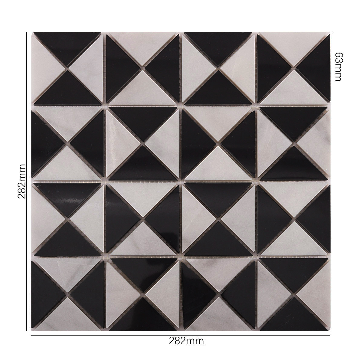 Obverse side of Carrara White and Black Triangle Windmill marble mosaic tiles, showing size