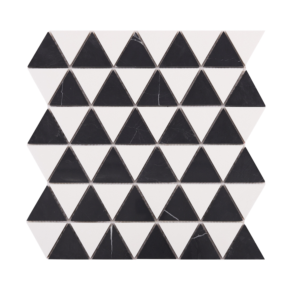 Obverse side of White and Black Triangle Honed Stone Mosaic Tiles