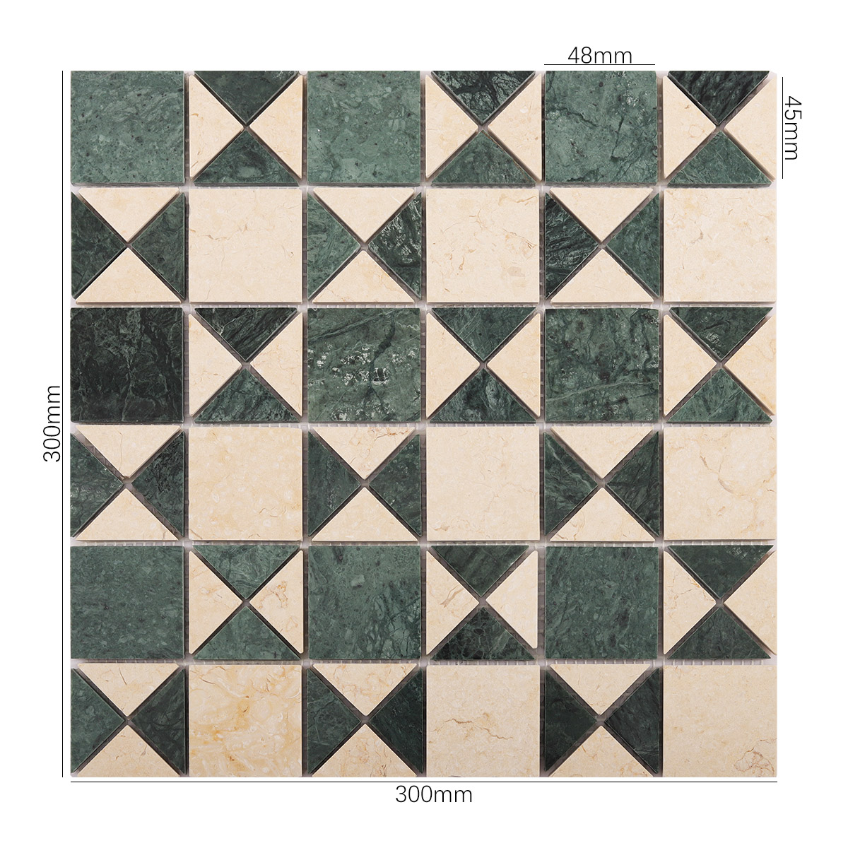 Size view of obverse side of Natural Marble Green and Beige Mosaic Tiles.