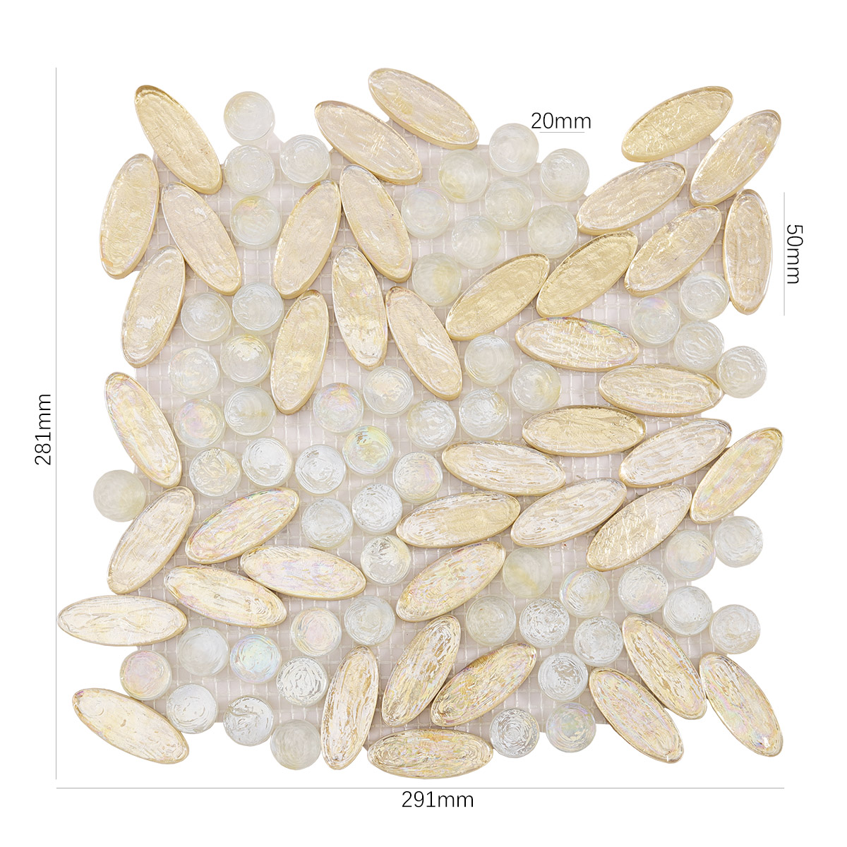 Obverse side of Gold Glass Flower Art Mosaic Floor Tiles, showing size.