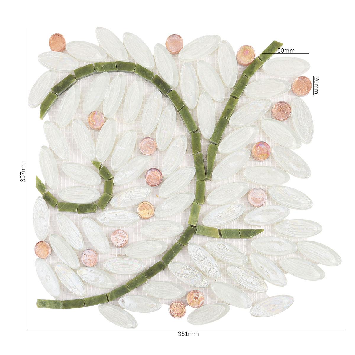 Obverse side of White Oval Glass Mosaic Art Tiles, showing size