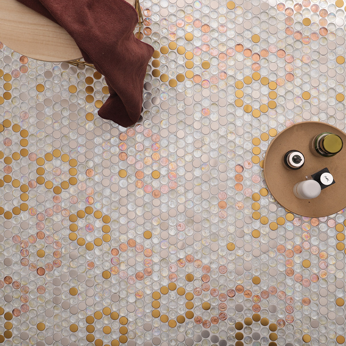 Contemporary Floor with Glass and Metal Circle Pattern Mosaic Tiles