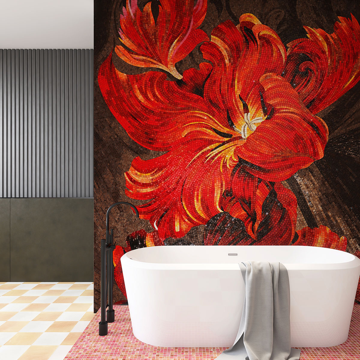 Glass Red Flower Mosaic Mural on Bathroom Wall with White Bathtub