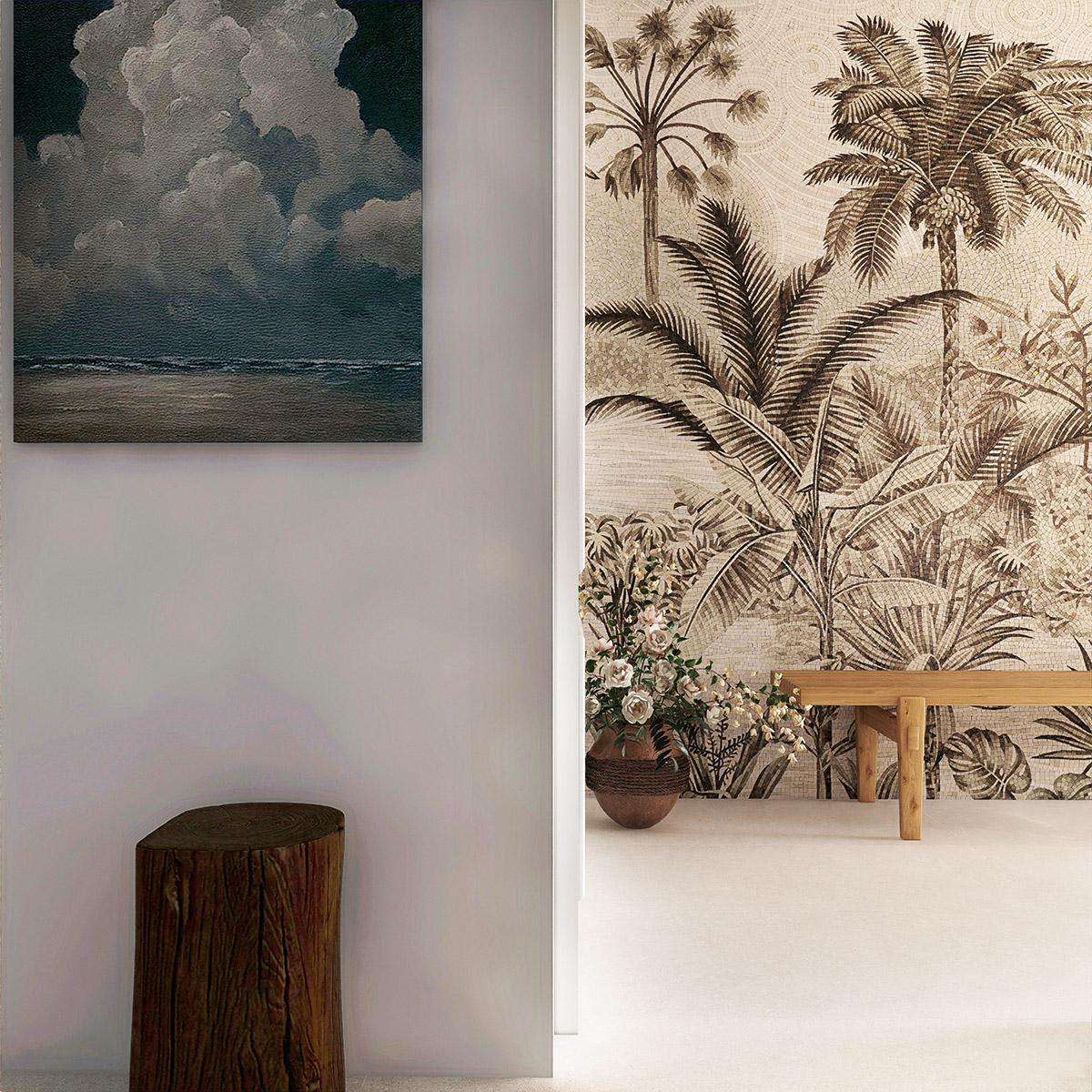 Custom Coconut Tree Mosaic Mural on Living Room Wall with Beige Floor Tiles