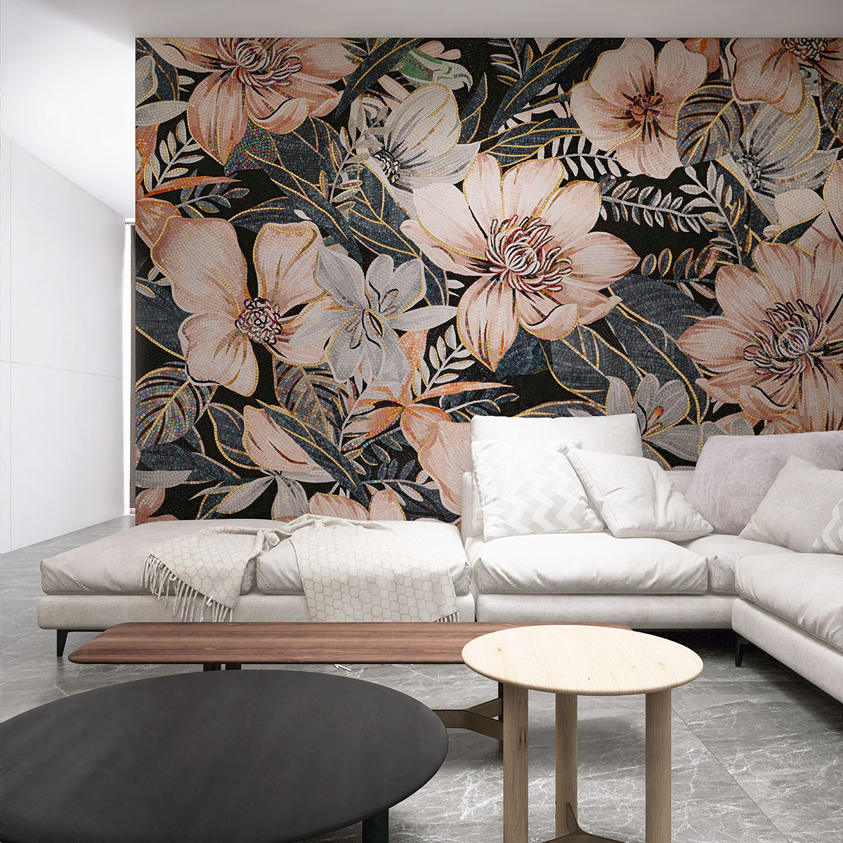Floral Pattern Glass Mosaic Mural on Living Room Wall with Gray Floor Tiles and White Sofa"