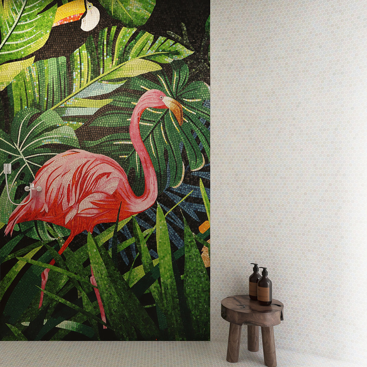 Flamingo Glass Mosaic Art on Bathroom Wall with Iridescent Hexagon White Mosaic Tiles