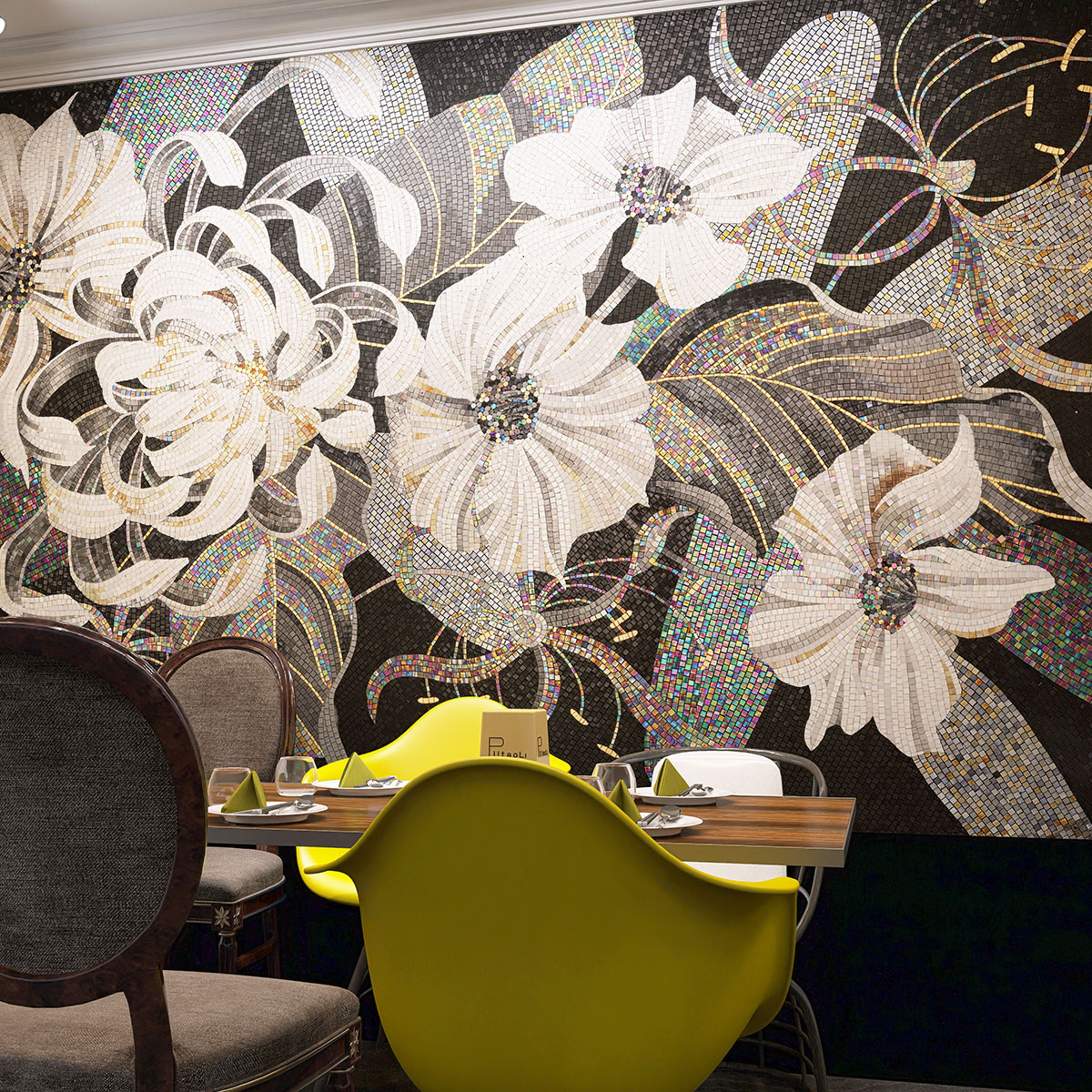 Black and White Flower Mosaic Art on Dining Room Wall with Table and Chairs