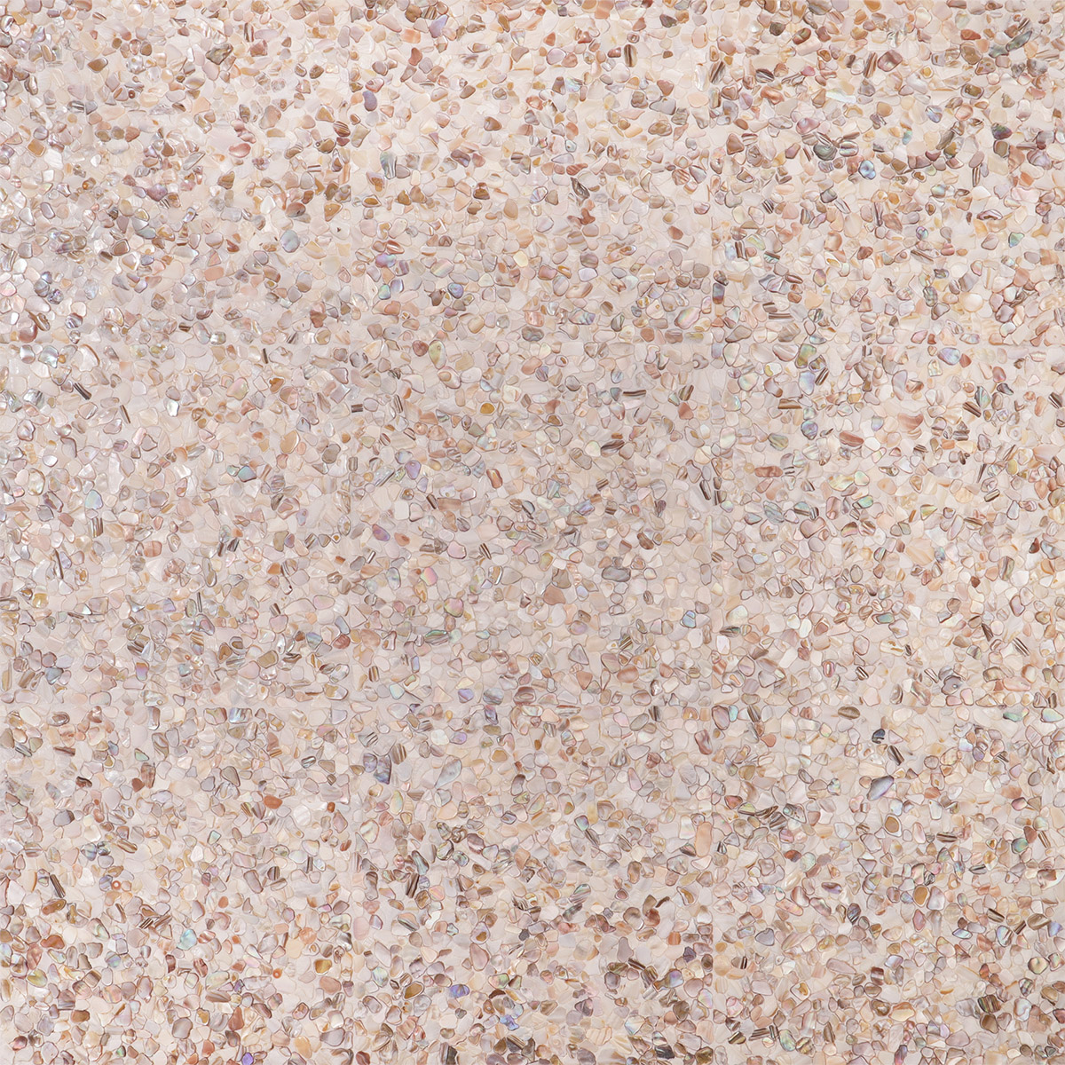 Full view of mother of pearl shell fragments in pink and white scattered on the floor.