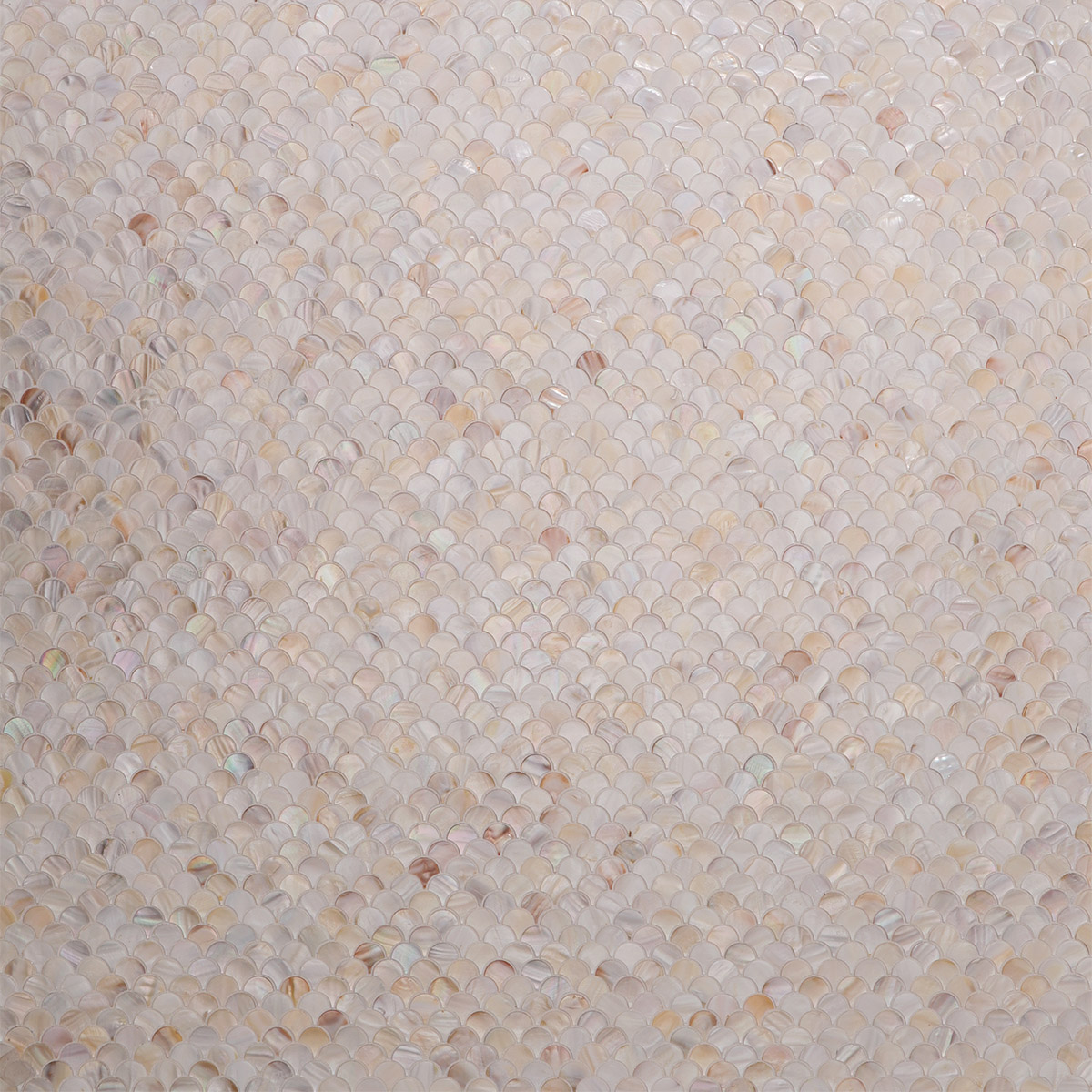 A detailed view of beige mini fish scale mother of pearl mosaic tiles with soft shine.