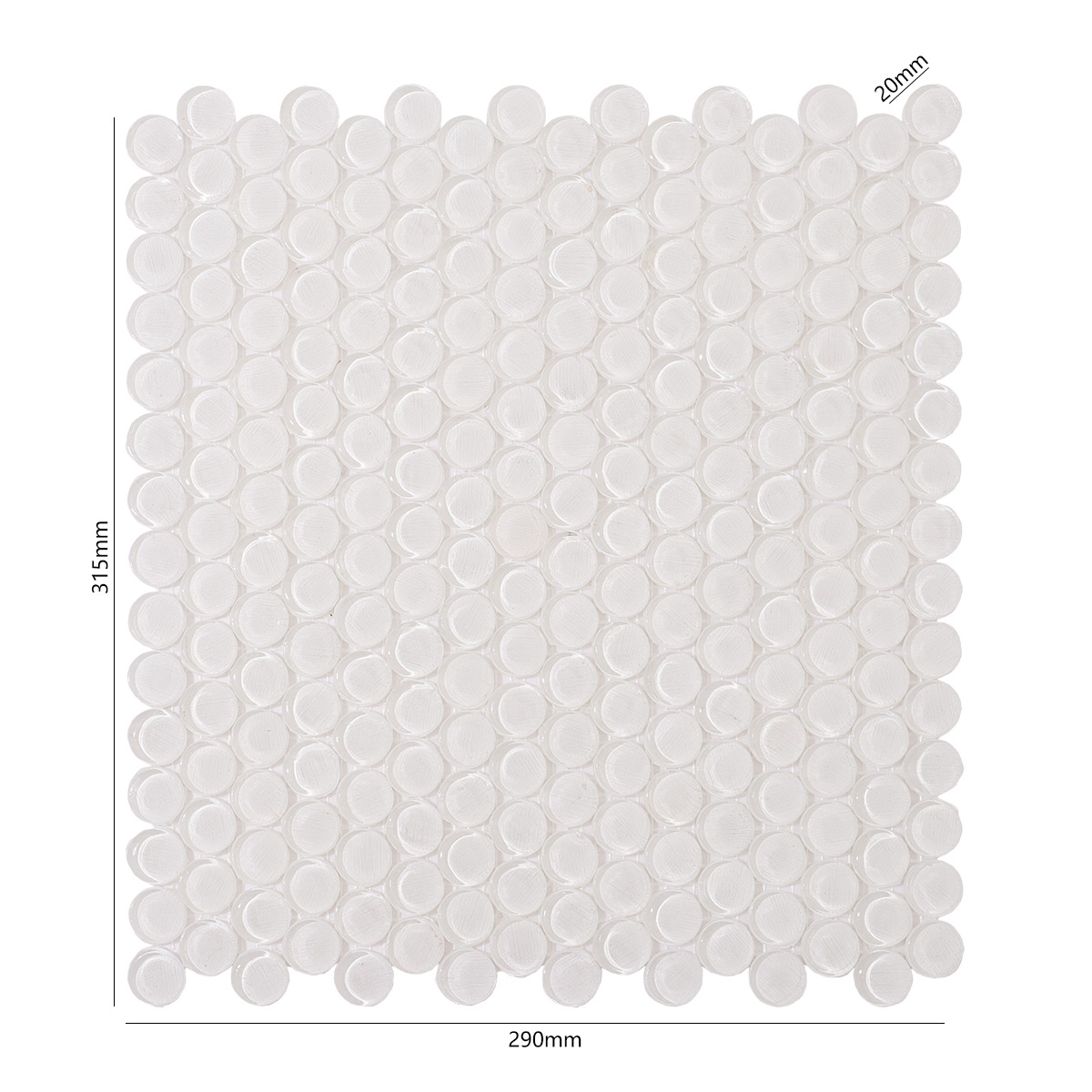 single sheet of white circular mosaic tiles with measurements marked.