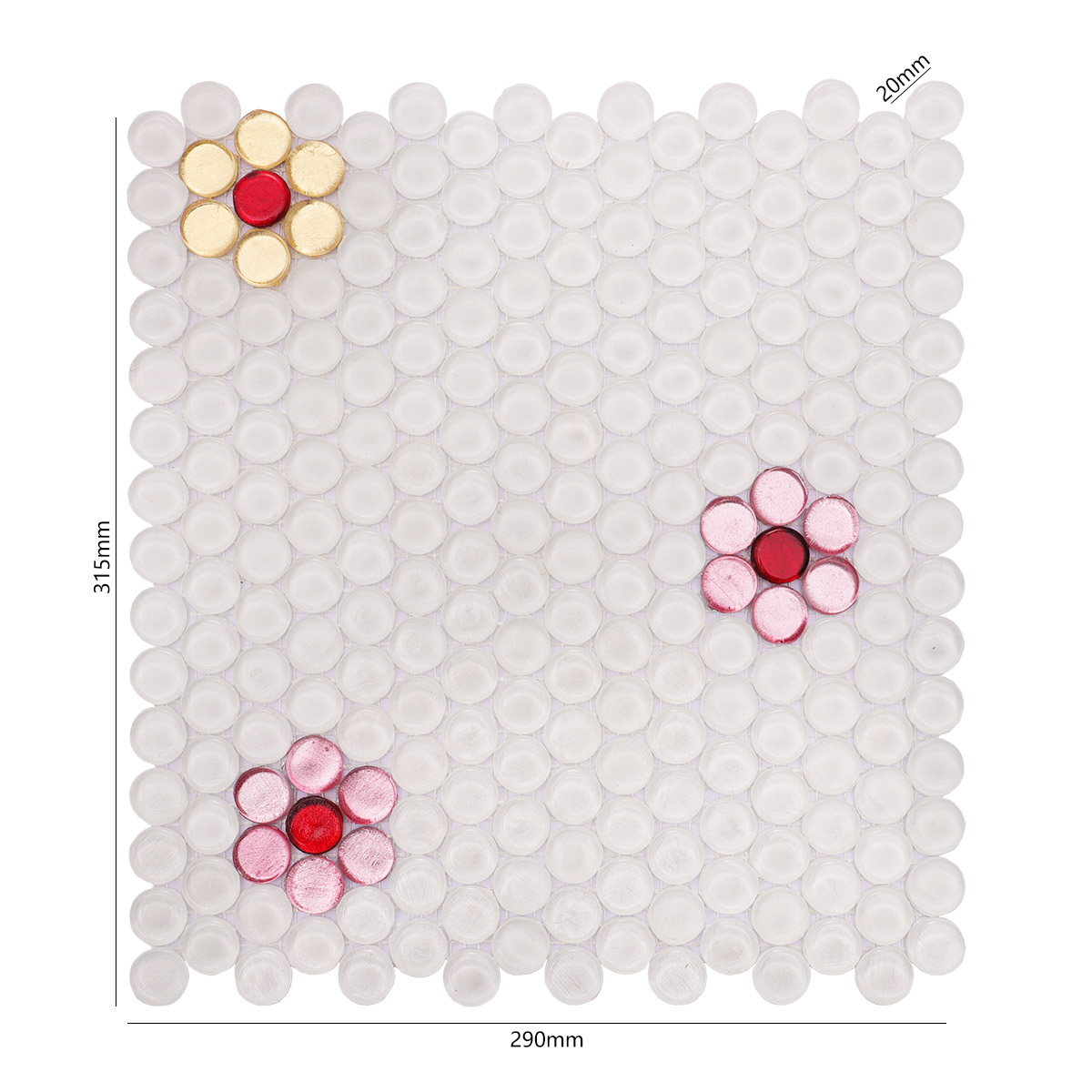 Full view of floral mosaic tile with dimensions shown