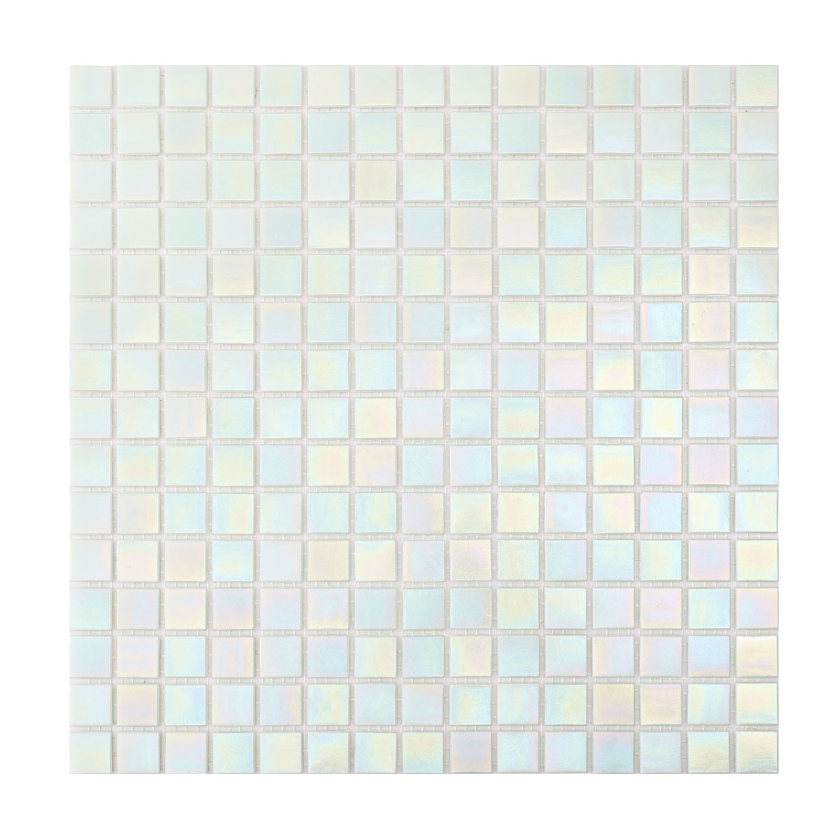 Front side of green iridescent square glass mosaic tiles