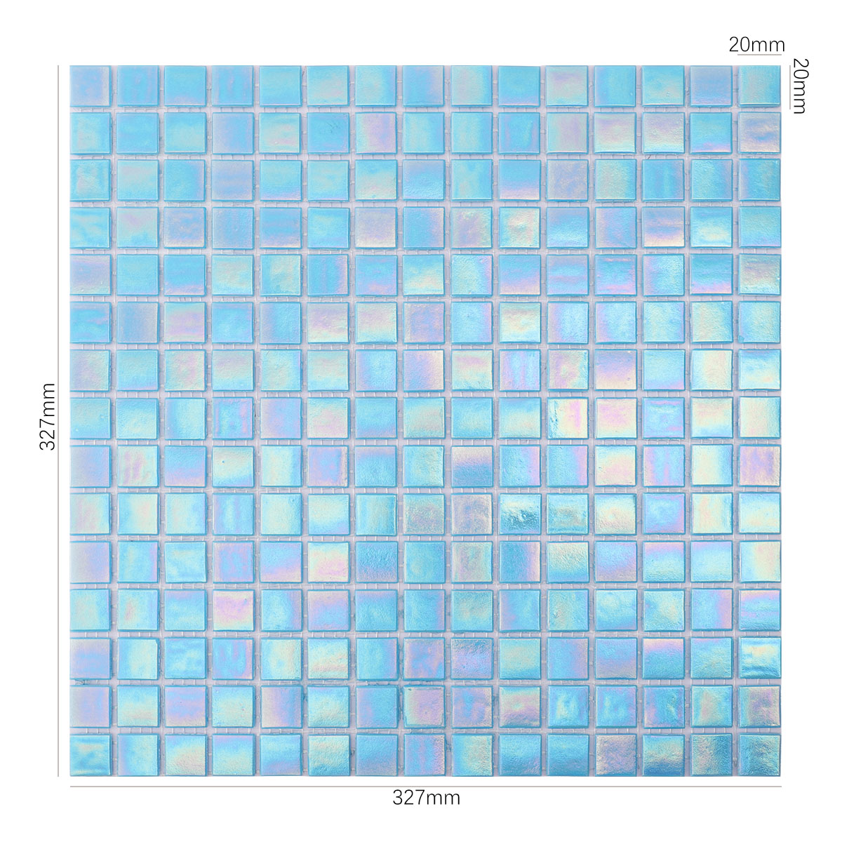 Front side of iridescent sky blue square glass mosaic tiles, with size details