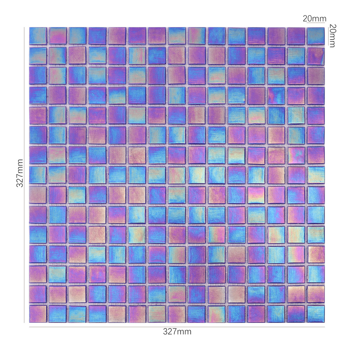 Front side of cobalt blue iridescent square glass mosaic tiles, with size details