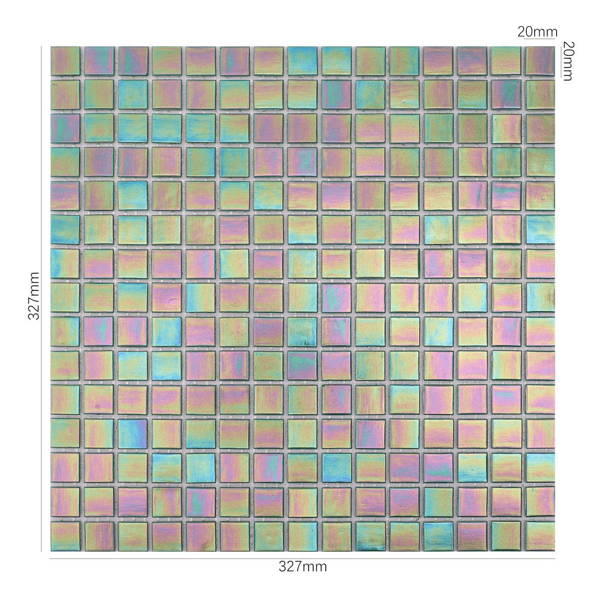 Obverse side of glossy iridescent emerald green square mosaic tiles, showing size