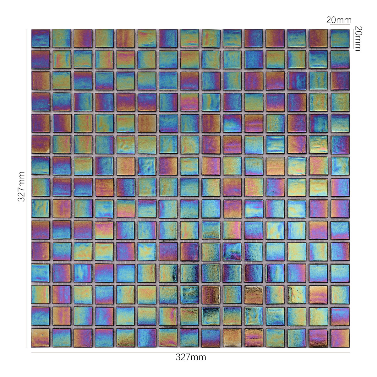 Obverse side of multicolor iridescent square glass mosaic tiles, showing size