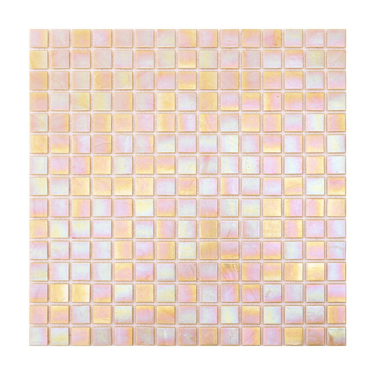 Obverse side of pearlescent bright yellow square glass mosaic tiles