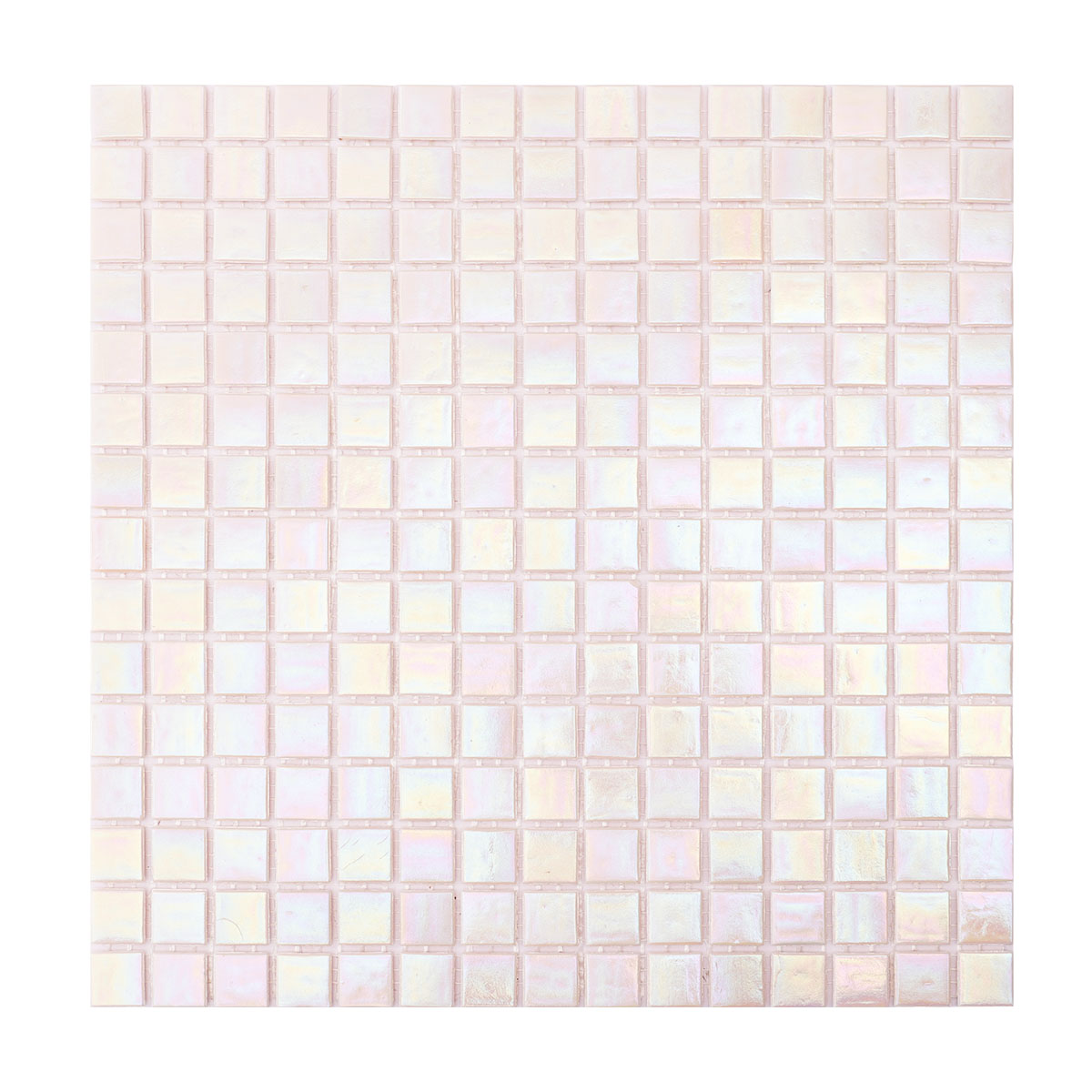 Obverse side of pearly iridescent pink square glass mosaic