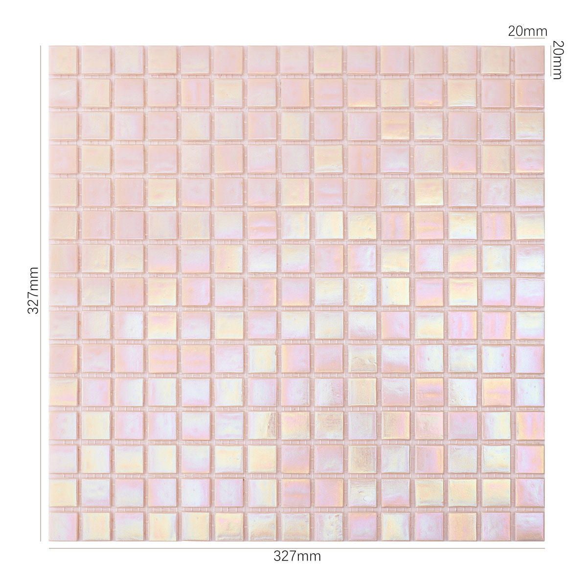 Size view of rose pink square glass mosaic tiles obverse