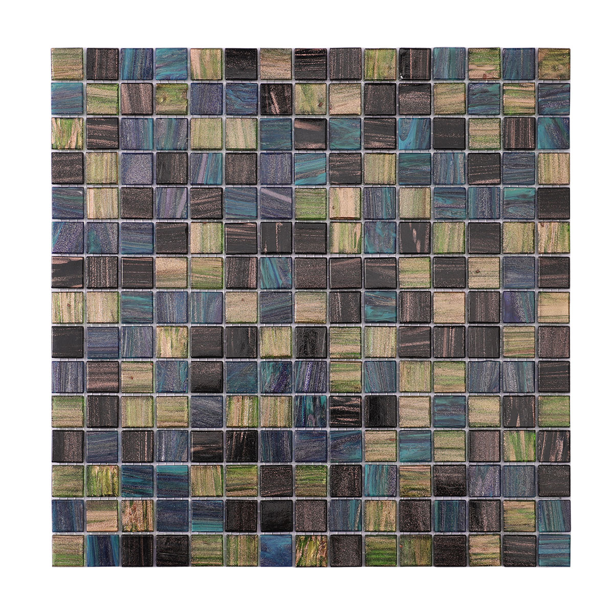 Obverse side of olive green and black mix square glass mosaic tiles