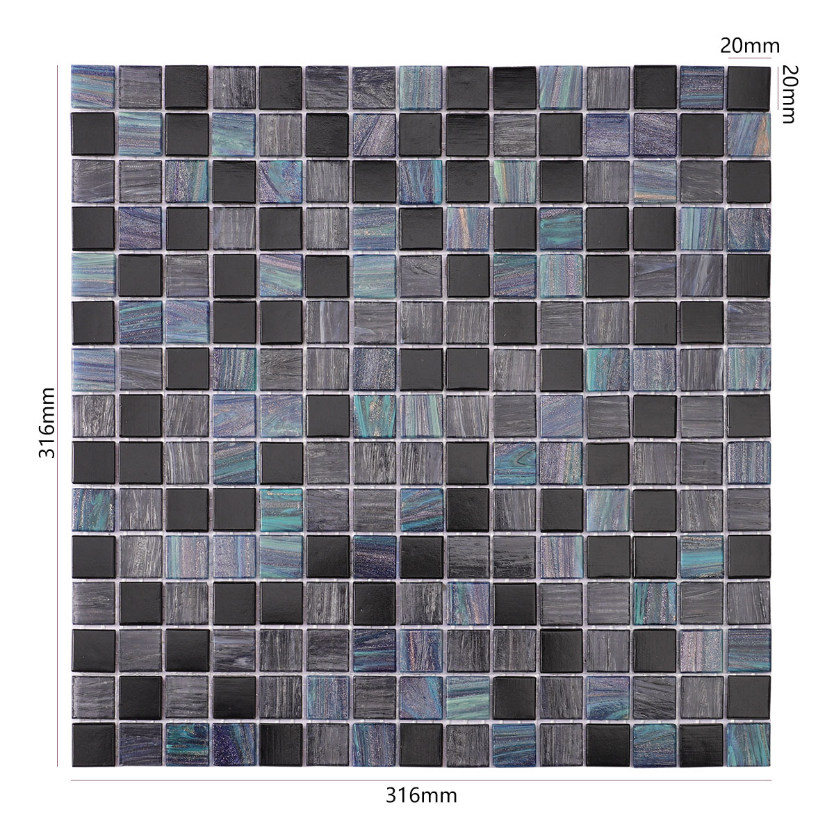 Size view of obverse side of green and black joint square glass mosaic tiles