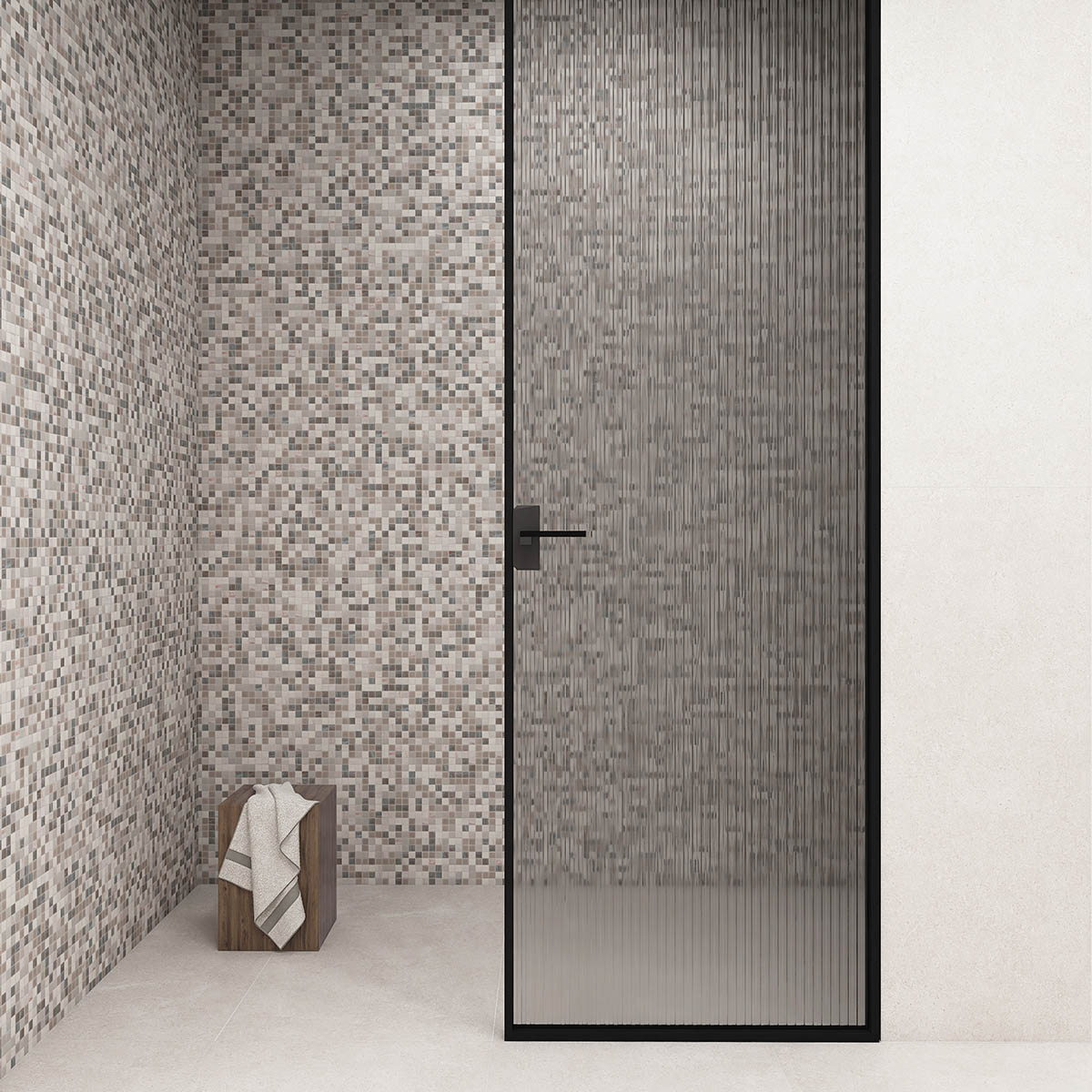 Gray and white square glass mosaic wall tiles in shower area