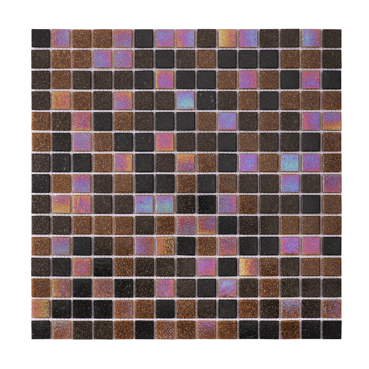 Obverse side of brown and black mixed square glass mosaic tiles