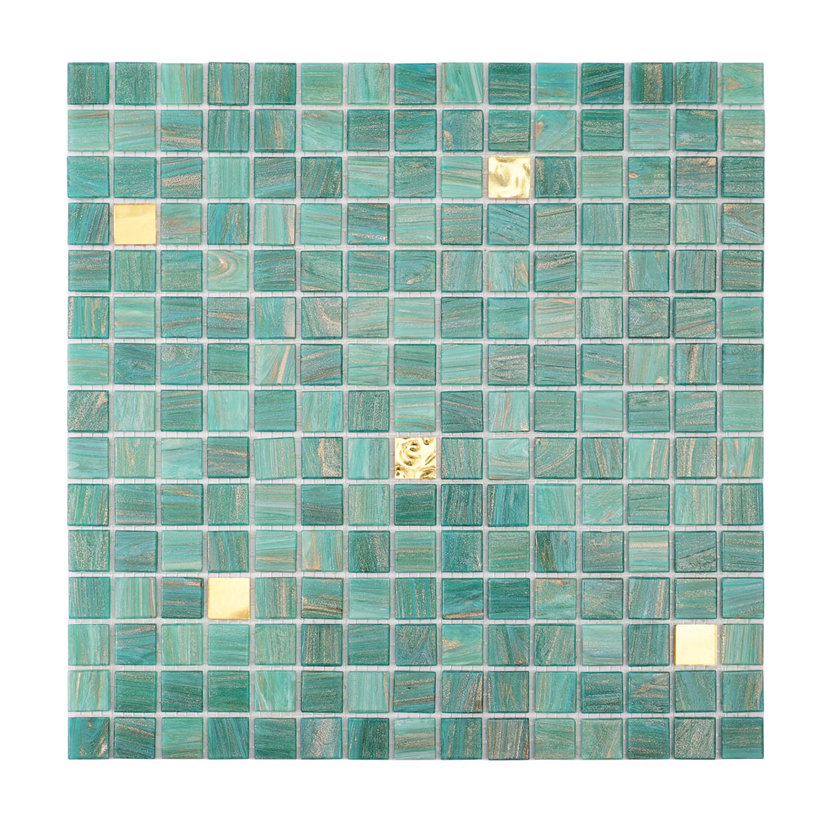 Obverse side of green and gold glass mosaic tiles
