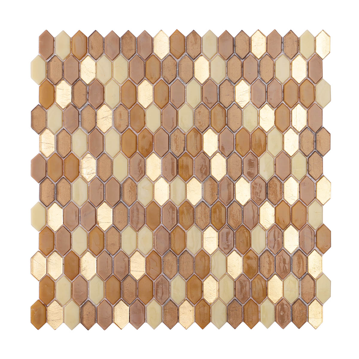 Obverse side of brown and flicker gold picket glass mosaic tiles,